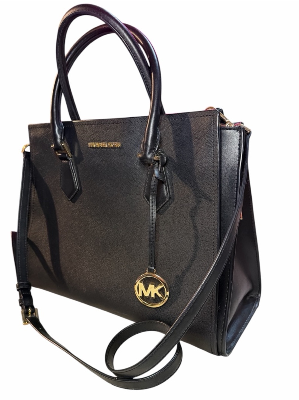 Michael Kors Black Saffiano Leather Satchel with Gold Hardware and MK Charm